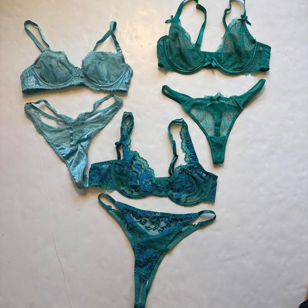 Lot of 3 Hustler Teal Aqua Blue Lace Lingerie Sets Size Medium Large 34D